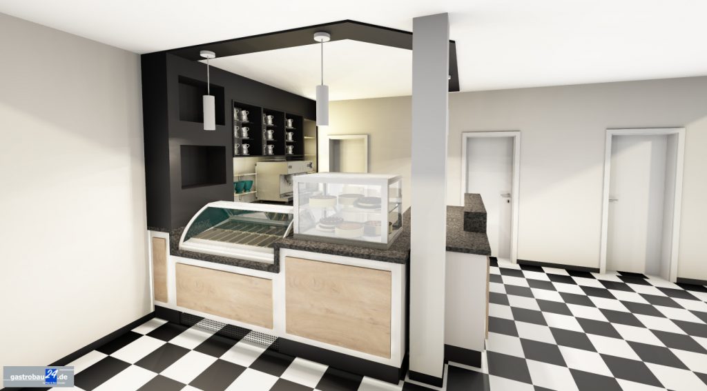 3D Visualisierung einer modernen Theke inkl. der Beleuchtung, Tische, Stühle sowie den Anstrich und Bodenbelag